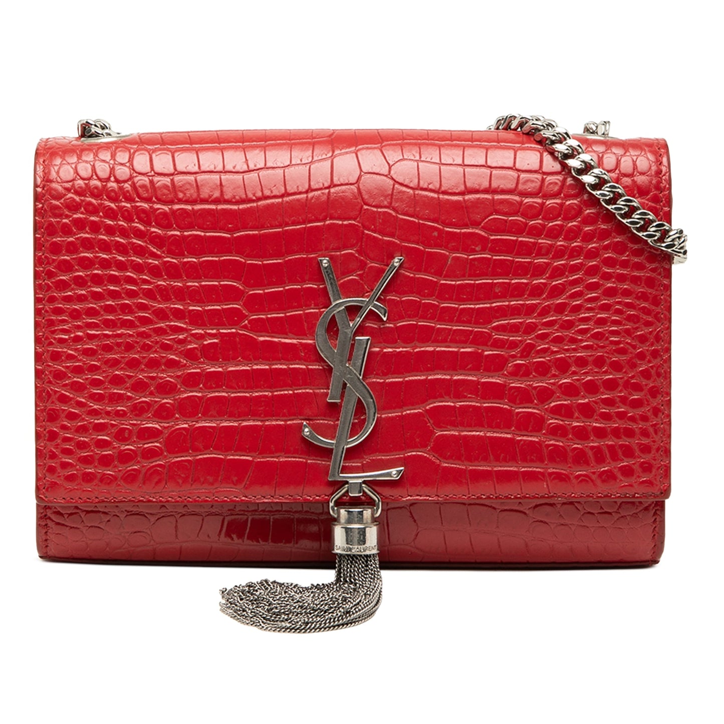 Saint Laurent Small Croc Embossed Leather Monogram Kate Tassel Crossbody