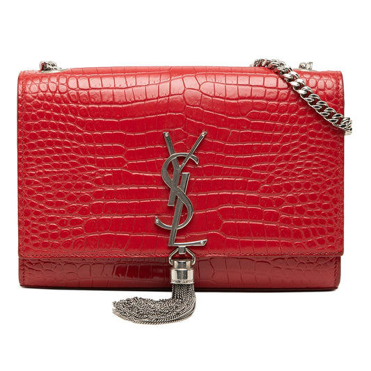 Saint Laurent Small Croc Embossed Leather Monogram Kate Tassel Crossbody