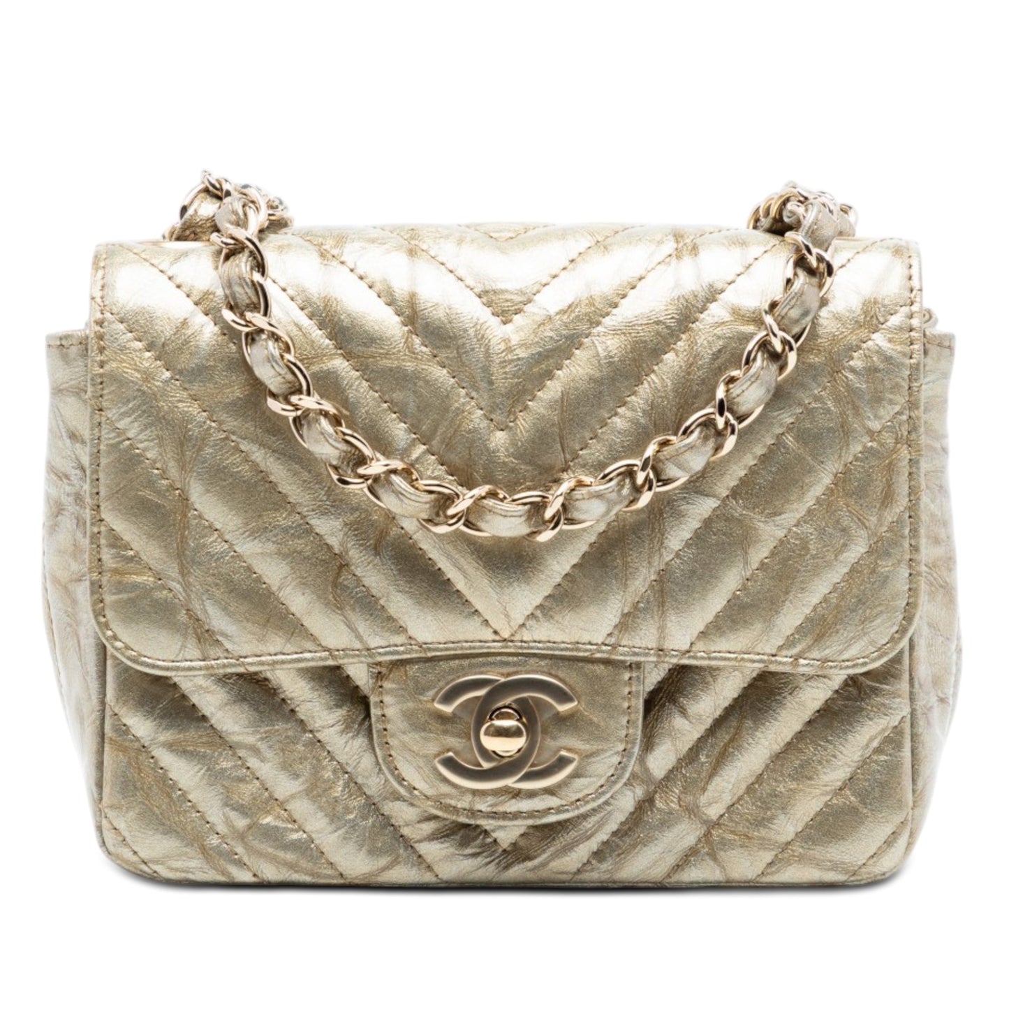 Chanel Mini Square Classic Chevron Metallic Crumpled Calfskin Single Flap