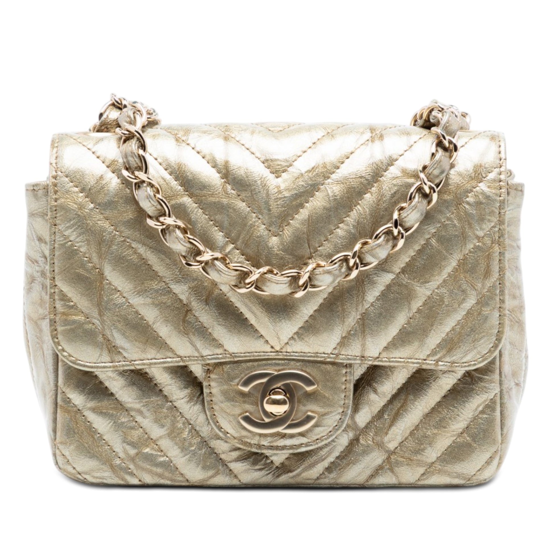 Chanel Mini Square Classic Chevron Metallic Crumpled Calfskin Single Flap