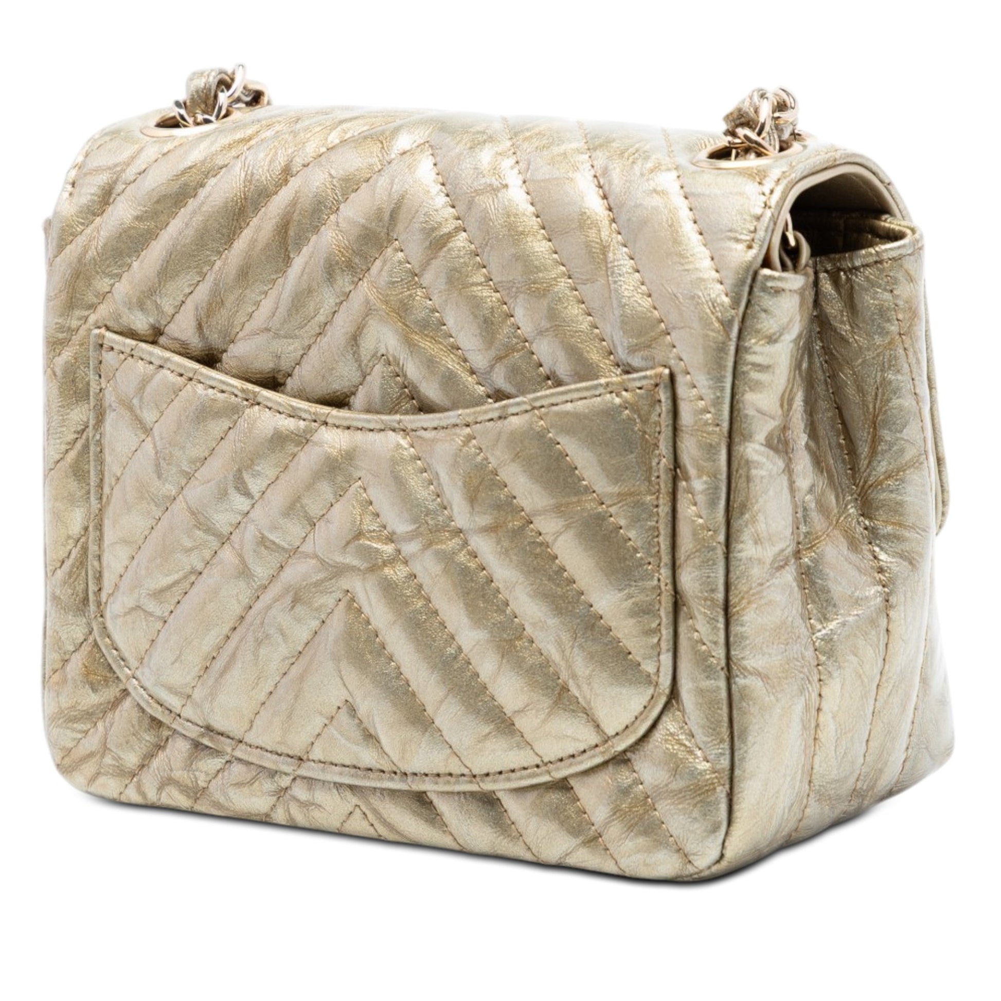 Chanel Mini Square Classic Chevron Metallic Crumpled Calfskin Single Flap