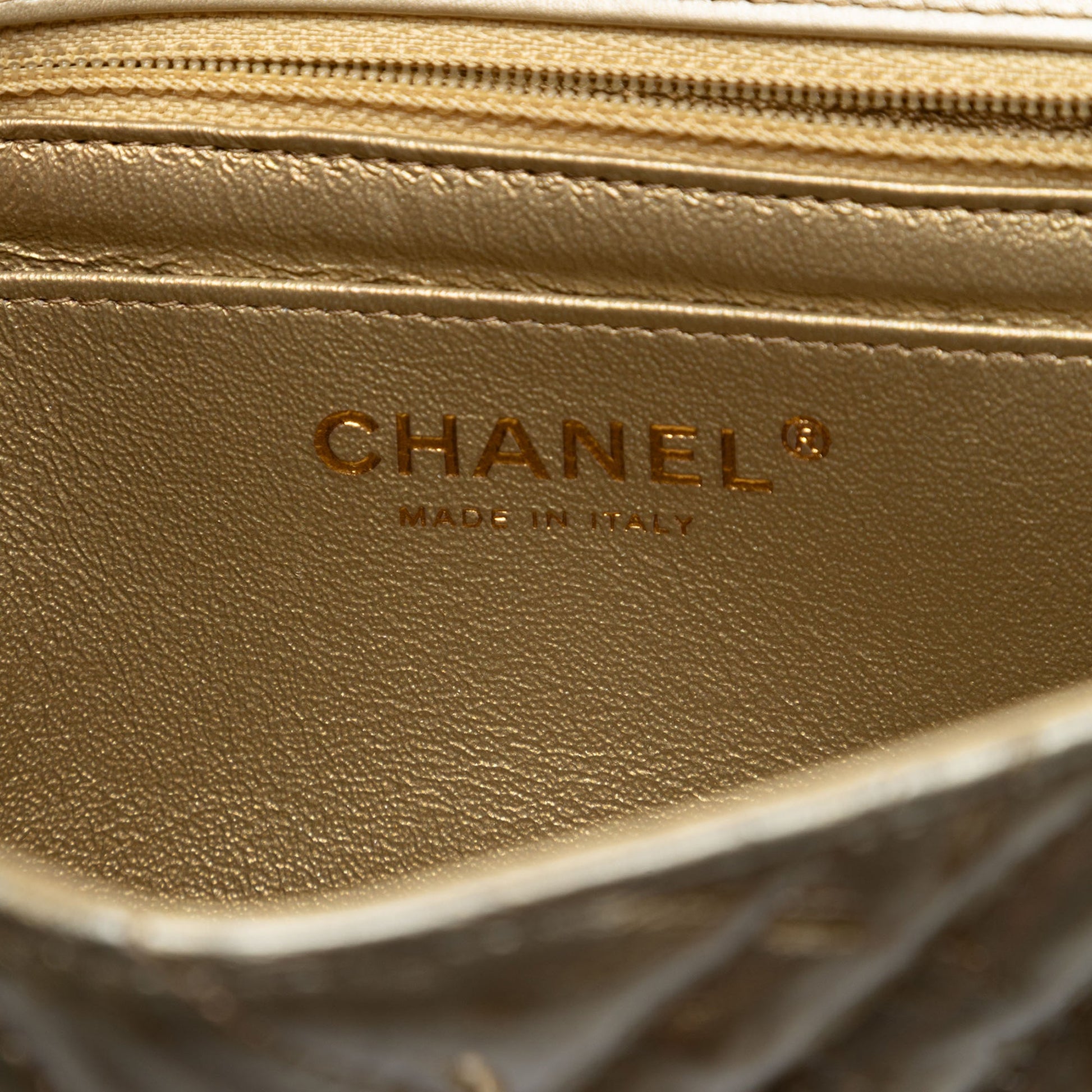 Chanel Mini Square Classic Chevron Metallic Crumpled Calfskin Single Flap
