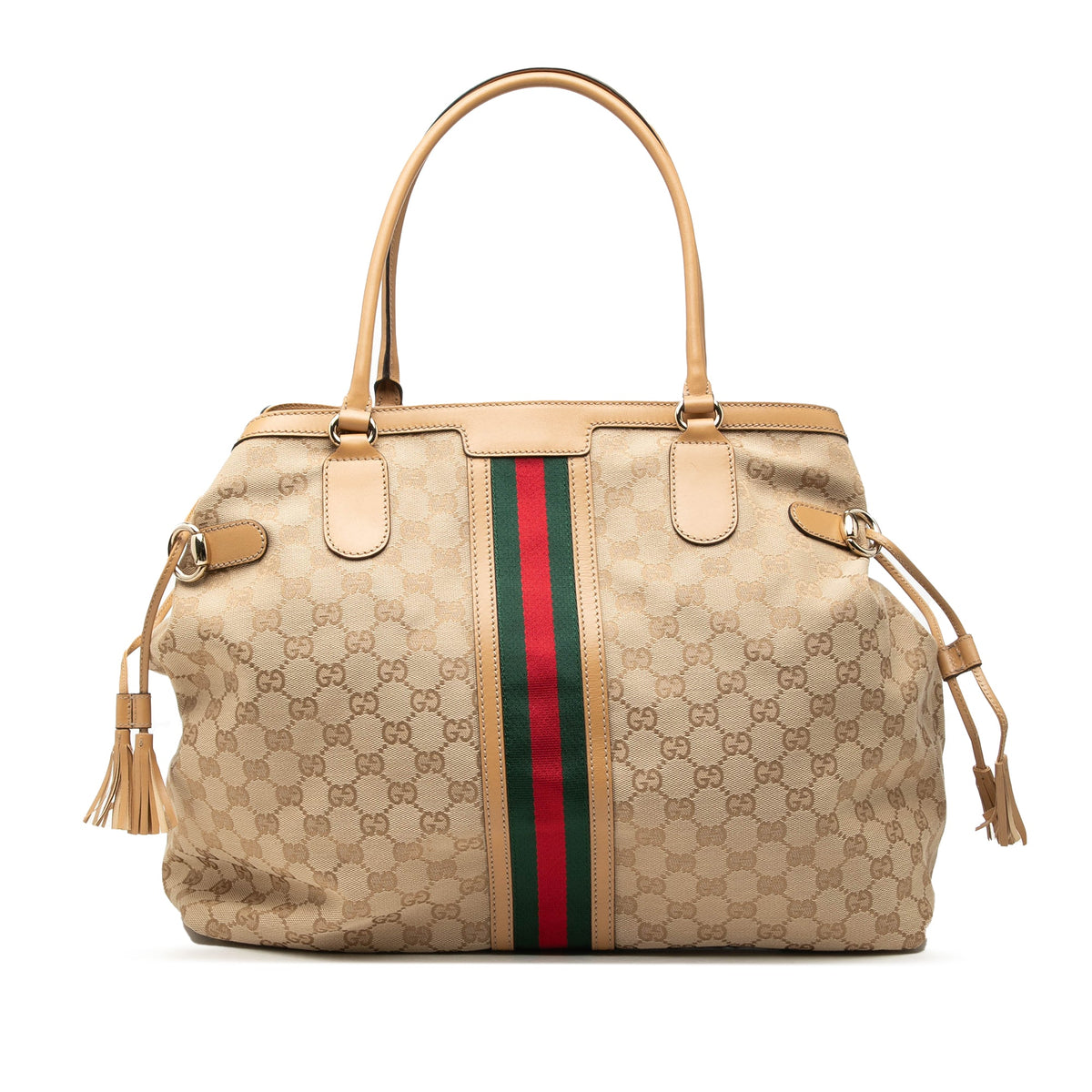 Gucci GG Canvas Web Tassel Tote — Beige