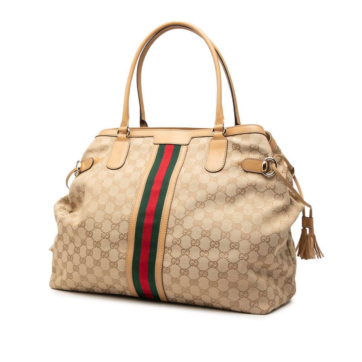 Gucci GG Canvas Web Tassel Tote — Beige