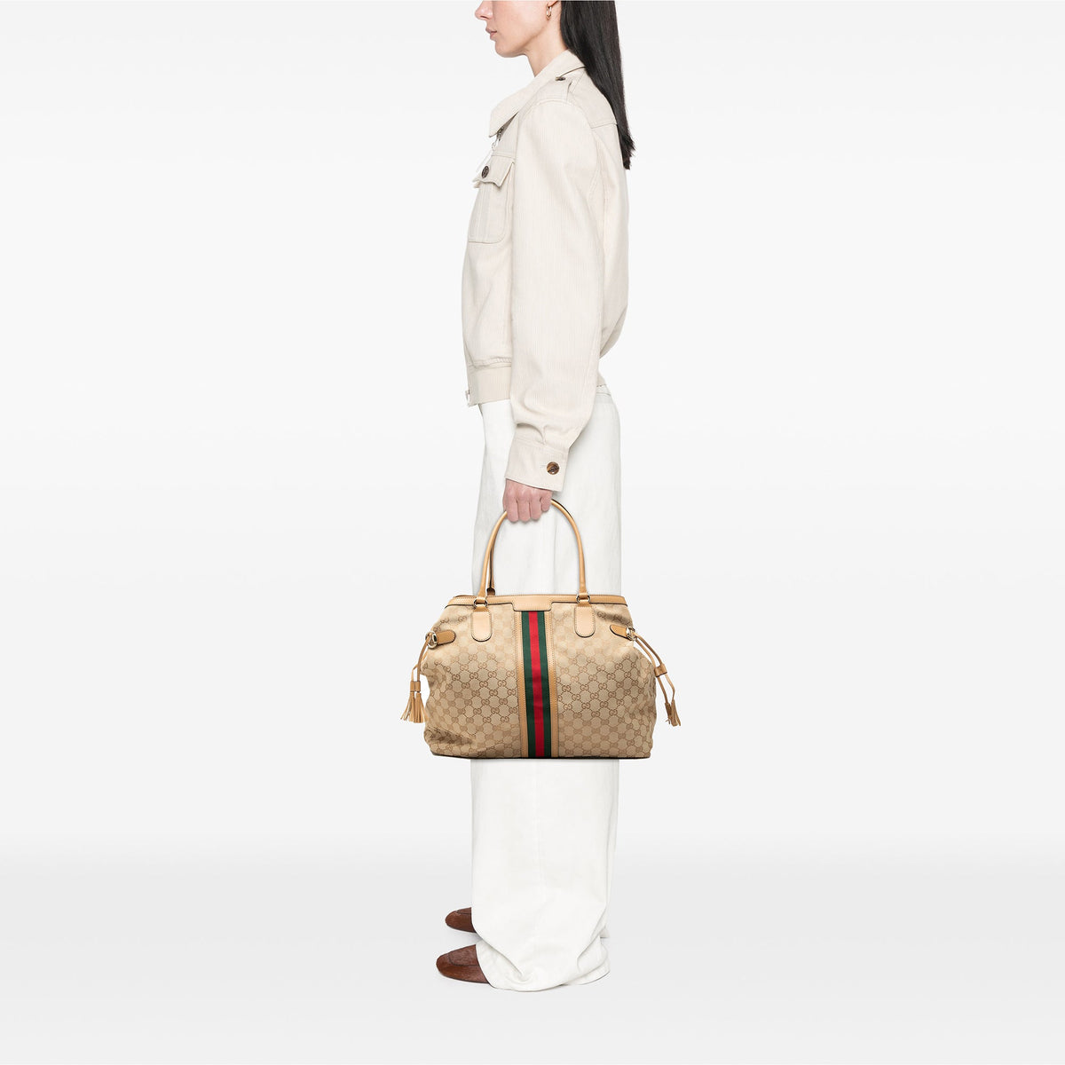 Gucci GG Canvas Web Tassel Tote — Beige