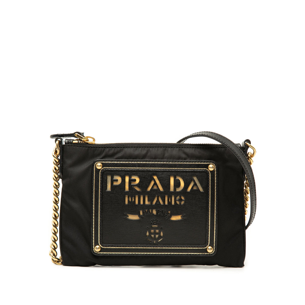 Prada Saffiano Trimmed Tessuto Logo Chain Crossbody