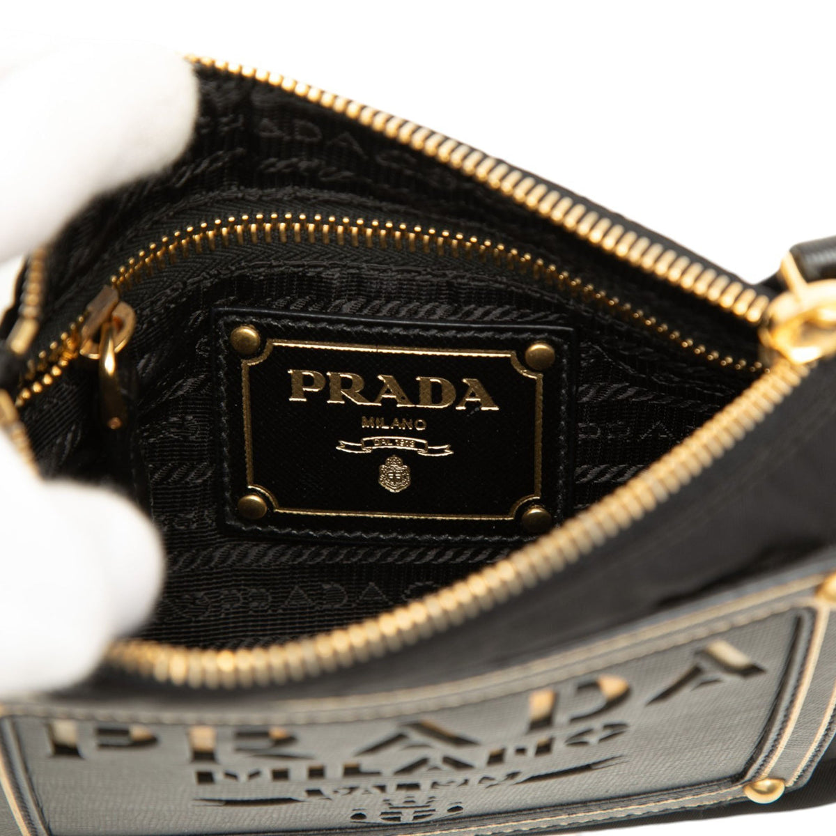 Prada Saffiano Trimmed Tessuto Logo Chain Crossbody