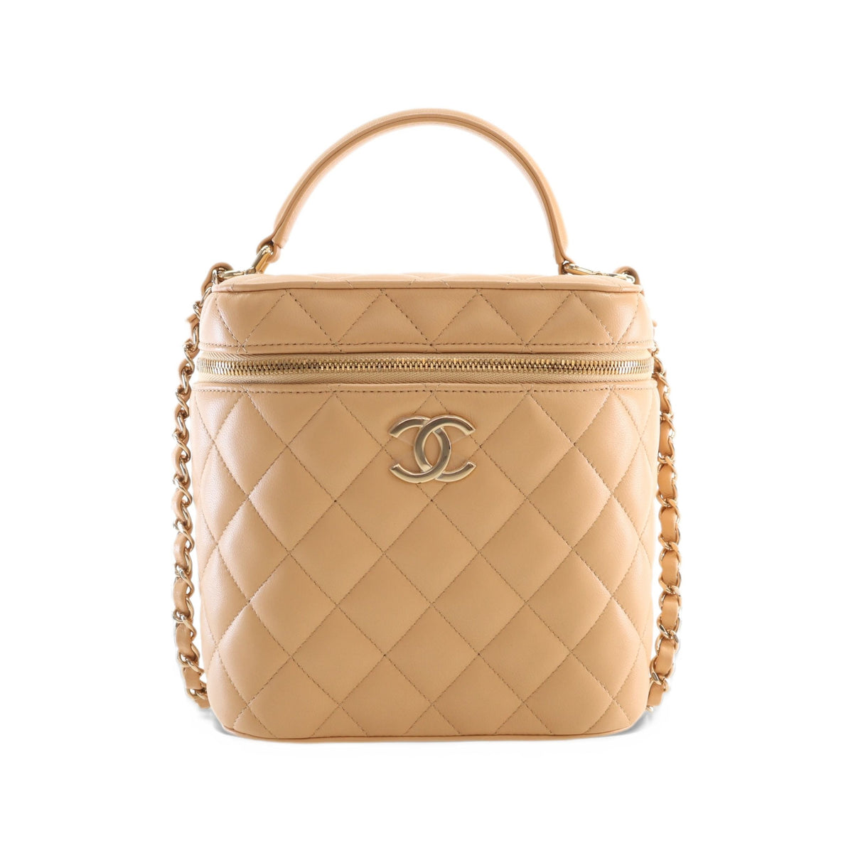 Chanel CC Quilted Lambskin Top Handle Vanity Case with Chain — Beige