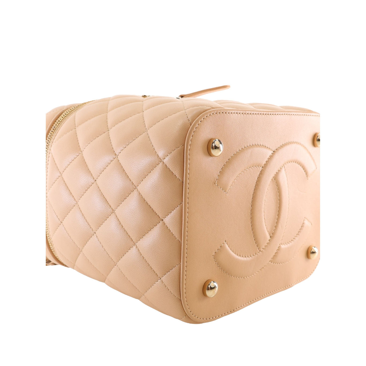 Chanel CC Quilted Lambskin Top Handle Vanity Case with Chain — Beige
