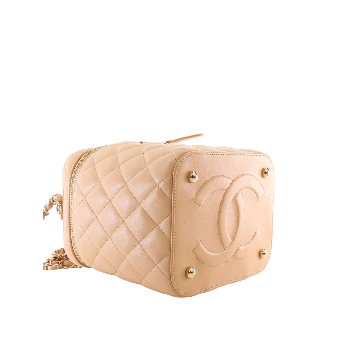 Chanel CC Quilted Lambskin Top Handle Vanity Case with Chain — Beige