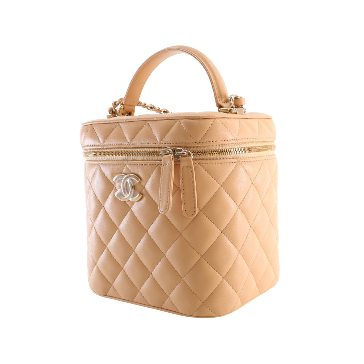 Chanel CC Quilted Lambskin Top Handle Vanity Case with Chain — Beige