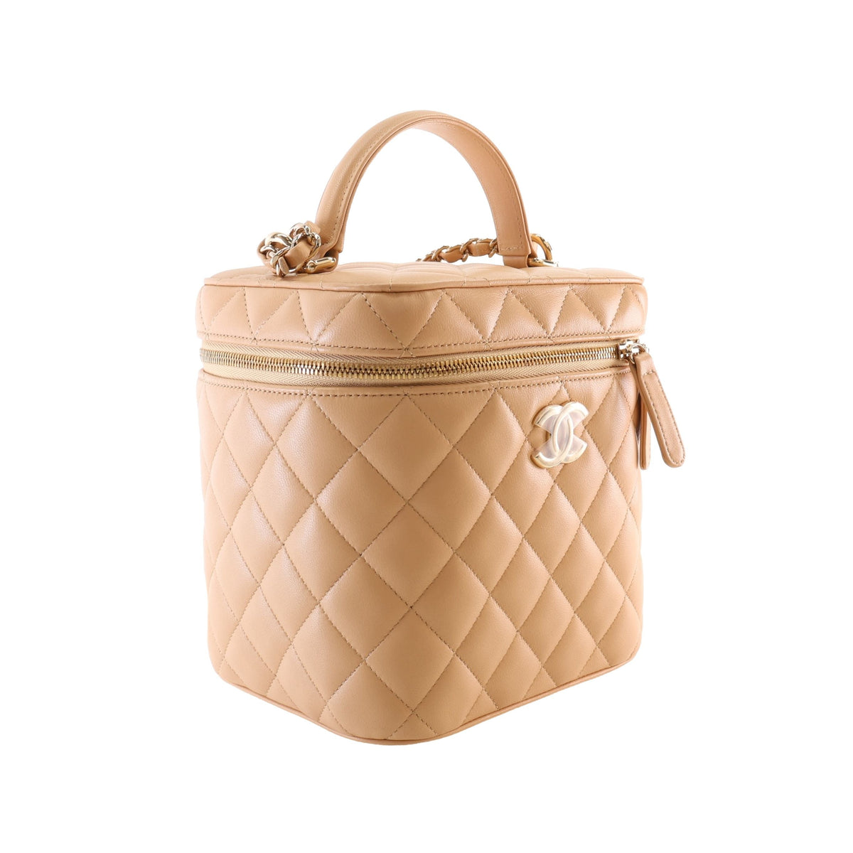 Chanel CC Quilted Lambskin Top Handle Vanity Case with Chain — Beige