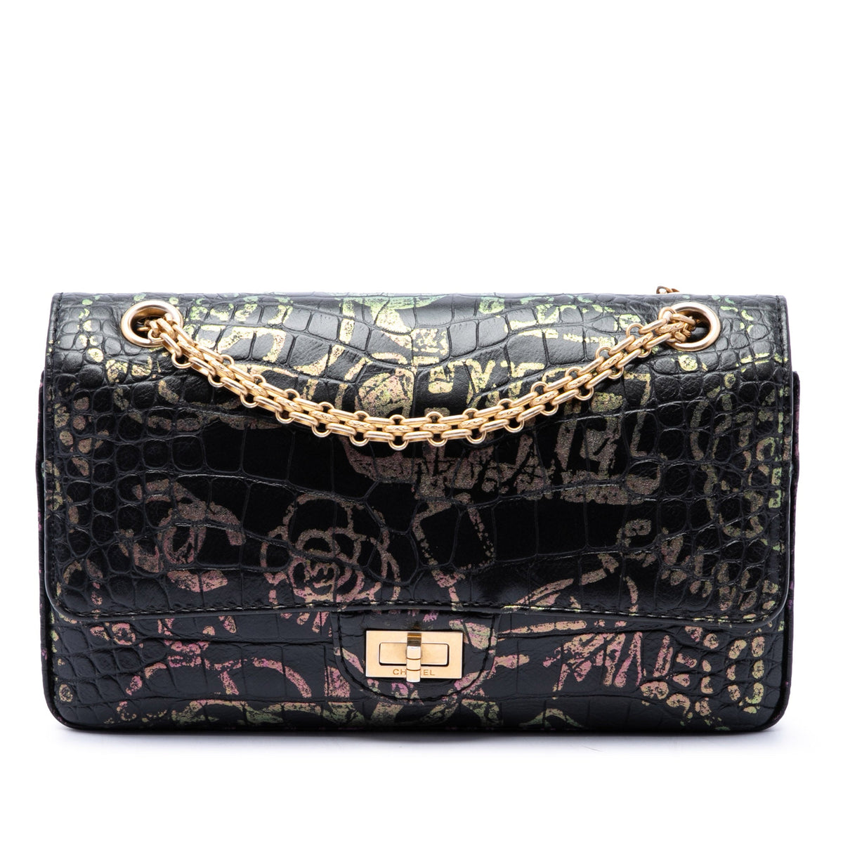 Chanel Croc Embossed Calfskin Graffiti Cocodile Reissue 2.55 Double Flap 226 — Black