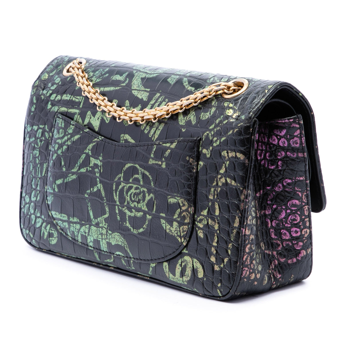 Chanel Croc Embossed Calfskin Graffiti Cocodile Reissue 2.55 Double Flap 226 — Black