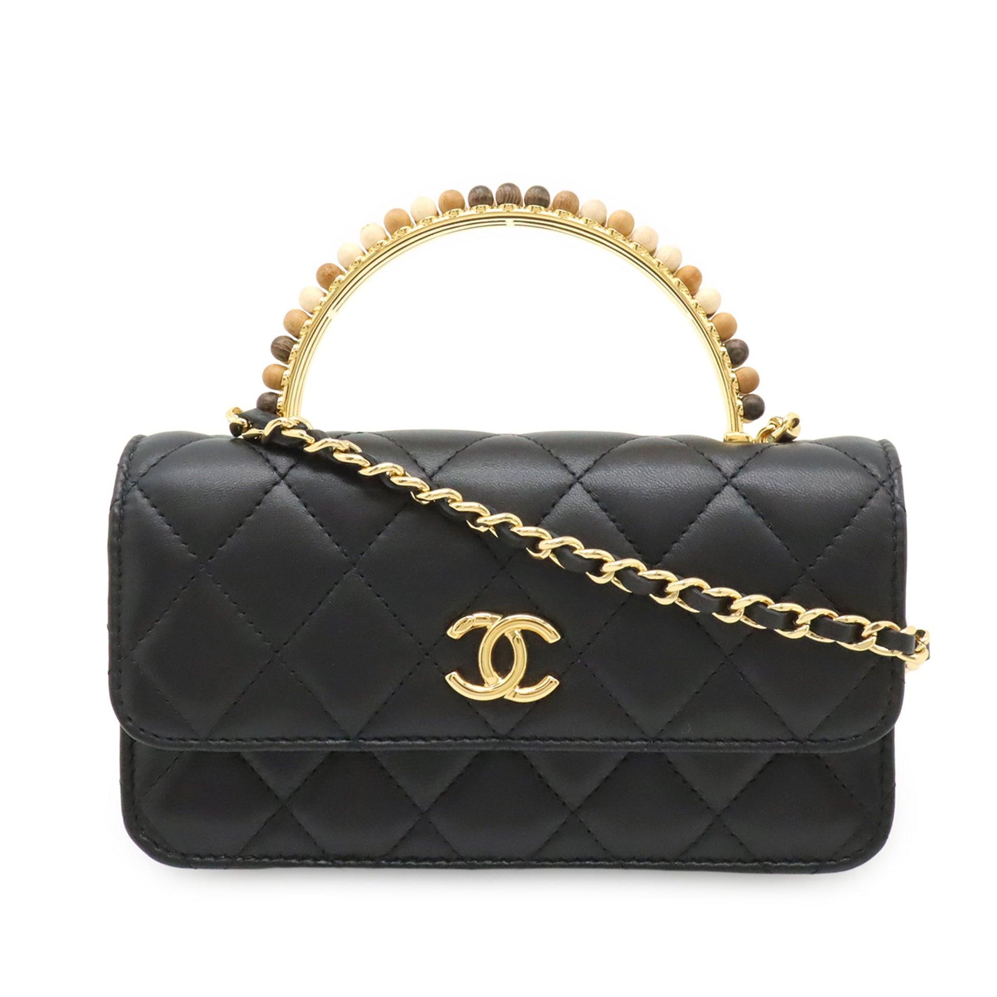 Chanel CC Quilted Lambskin Wooden Beads Top Handle Wallet On Chain