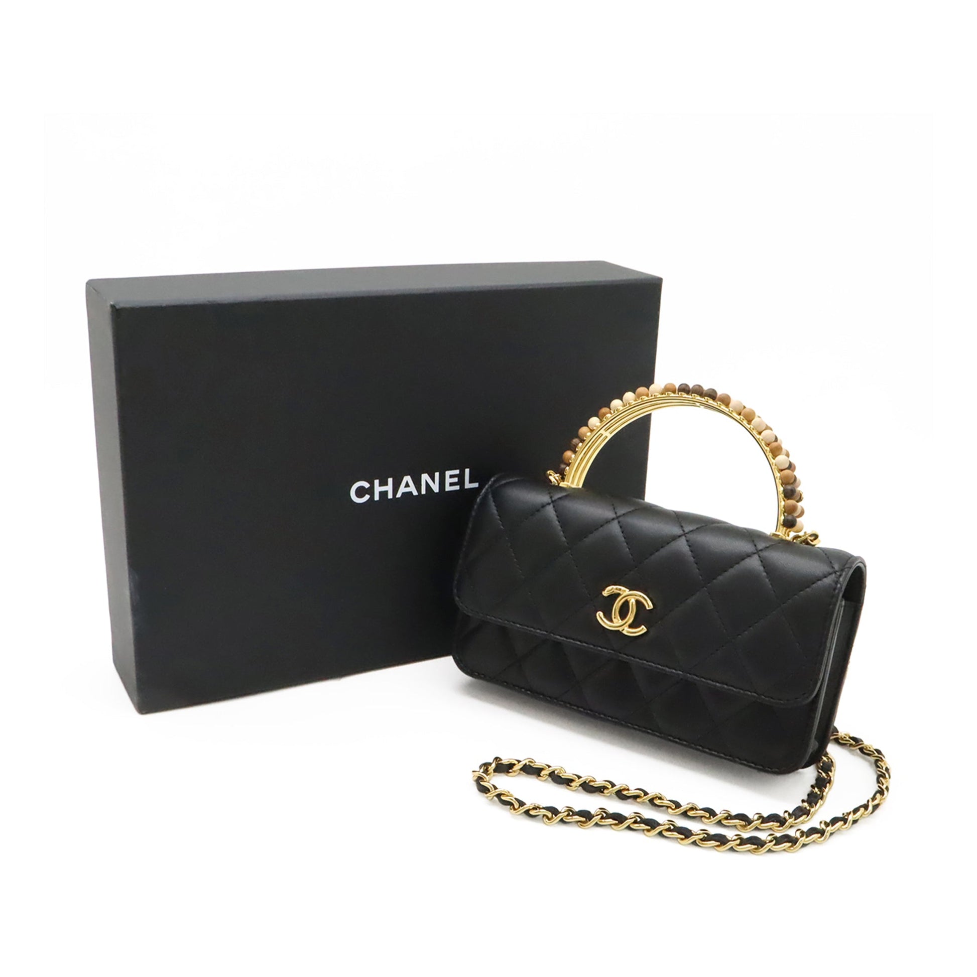 Chanel CC Quilted Lambskin Wooden Beads Top Handle Wallet On Chain