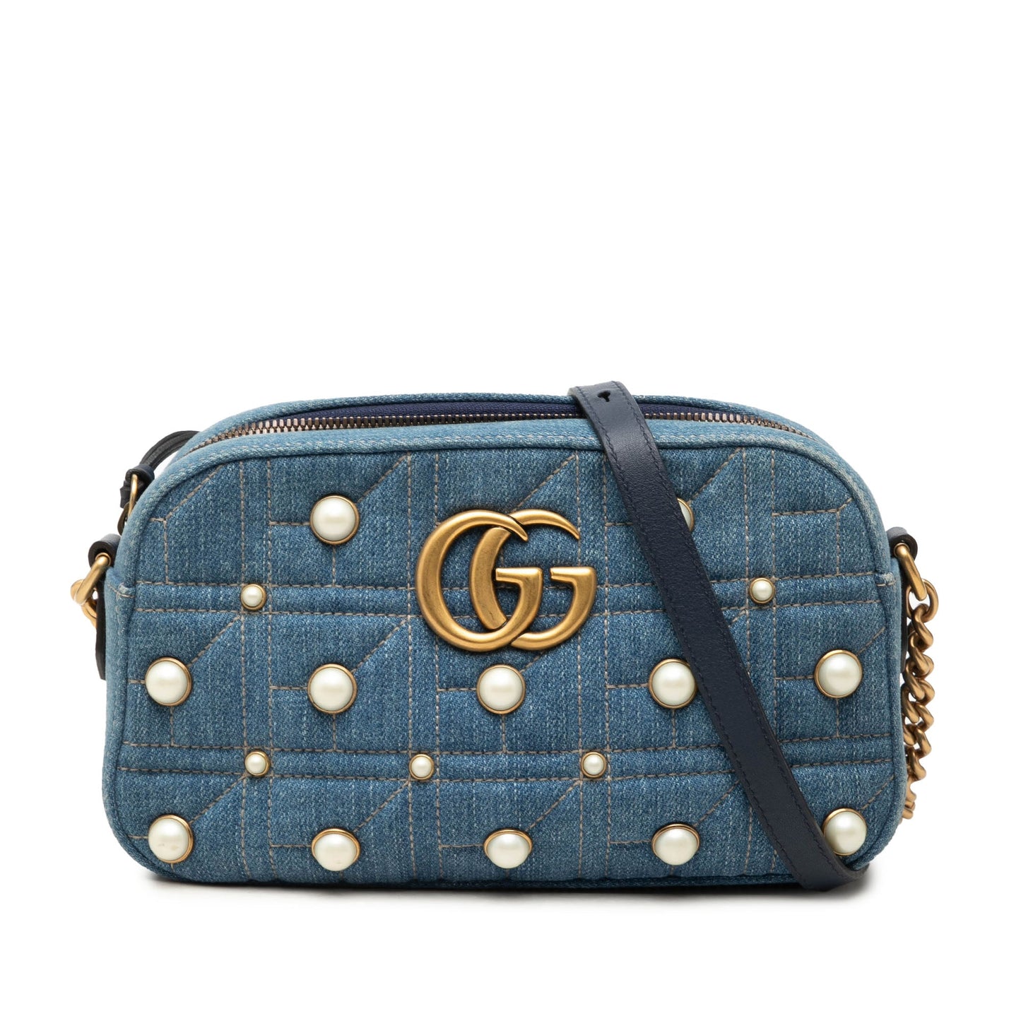 Gucci Small GG Marmont Pearl Studded Denim Crossbody