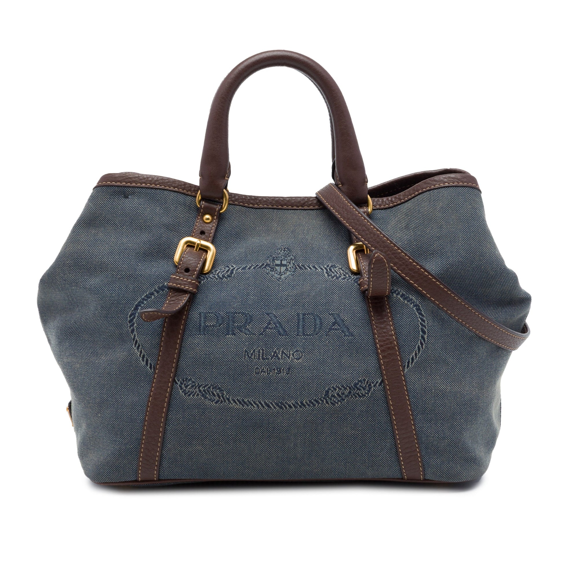 Prada Vitello Daino Trimmed Canvas Canapa Logo Satchel