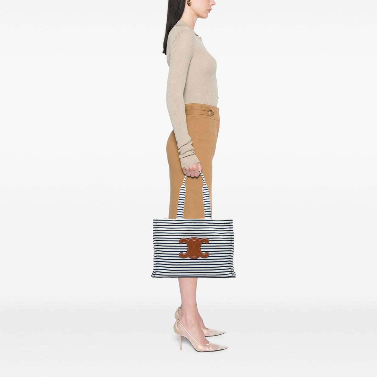 Celine Large Canvas Triomphe Striped Cabas Thais Tote — White