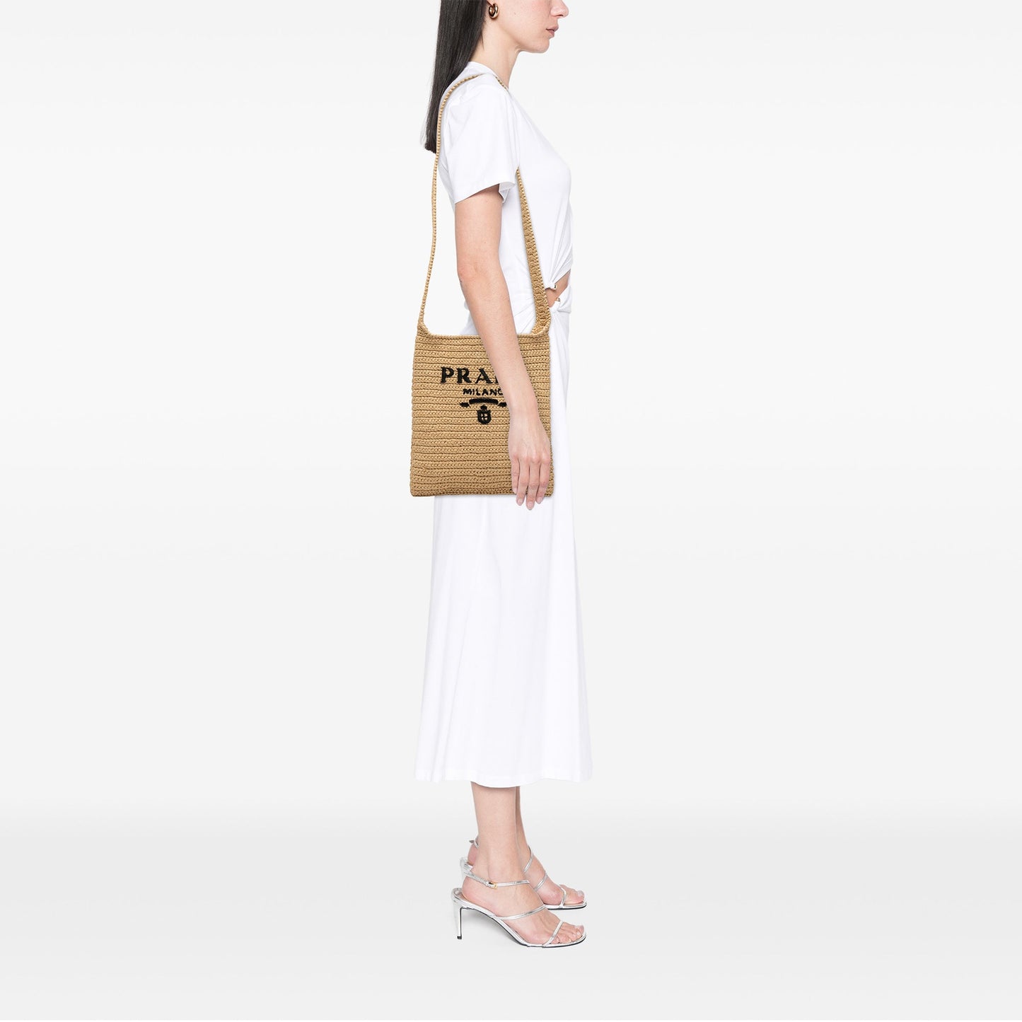 Raffia Effect Crochet Logo Embroidered Crossbody