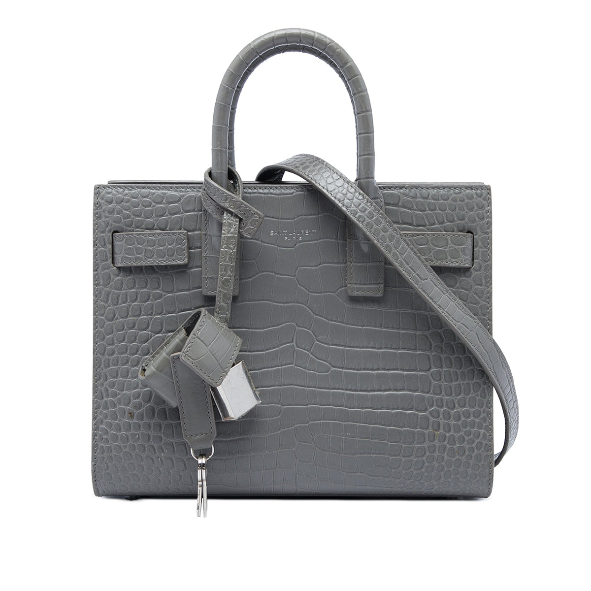 Saint Laurent Nano Croc Embossed Leather Sac De Jour Satchel — Gray