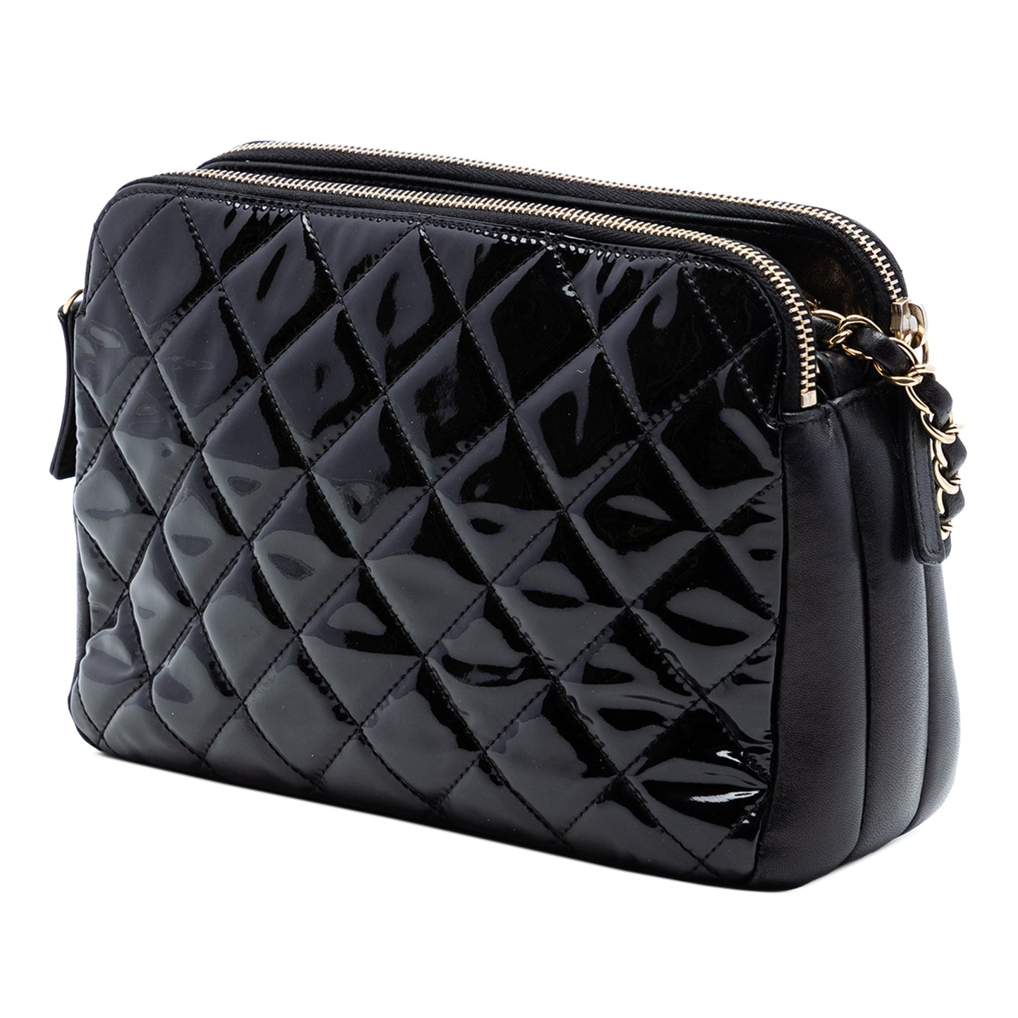 Chanel CC Quilted Patent Double Zip Camera Bag