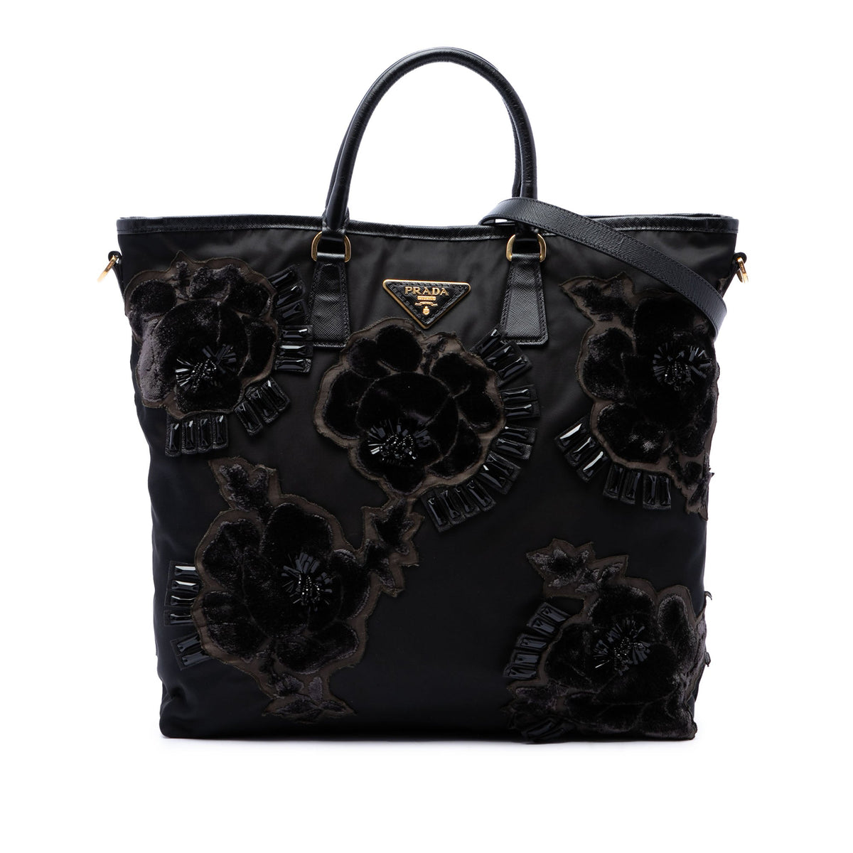 Prada Beaded Tessuto Floral Applique Tote
