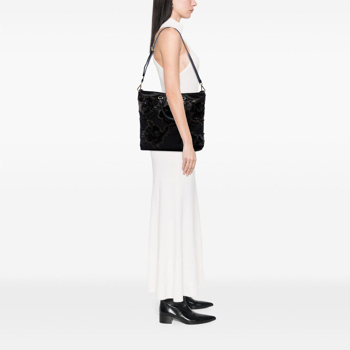 Prada Beaded Tessuto Floral Applique Tote
