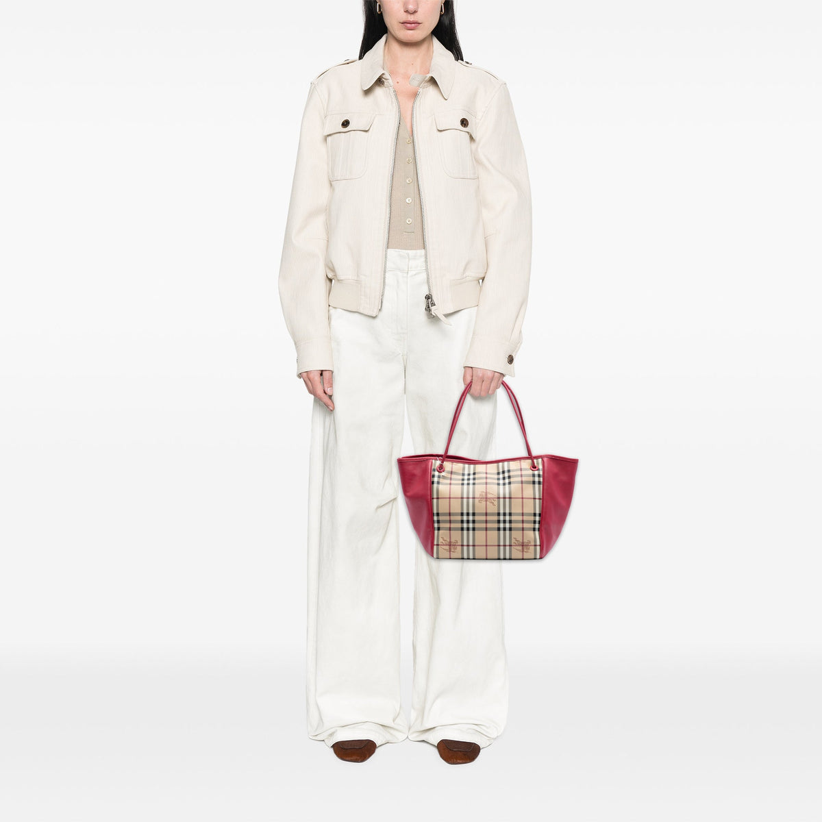Burberry Small Haymarket Check Coated Canvas and Calfskin Canterbury Tote — Beige