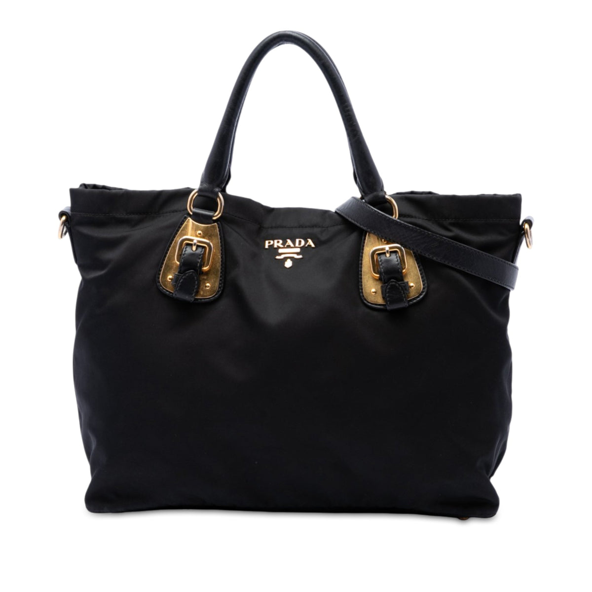 Prada Soft Calfskin Trimmed and Tessuto Open Convertible Shopping Tote — Black