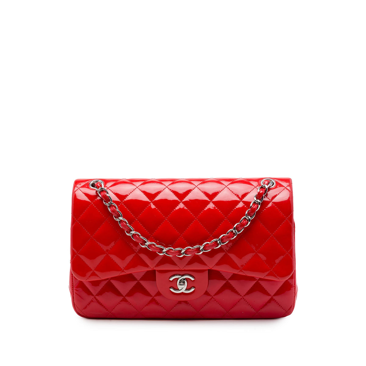 Chanel Jumbo Classic Patent Double Flap — Red