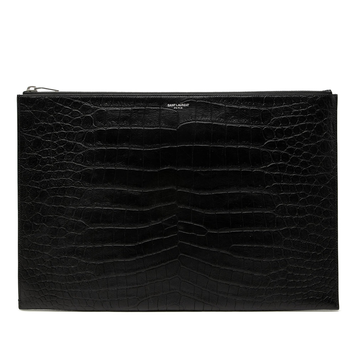 Saint Laurent Croc Embossed Leather Document Holder — Black