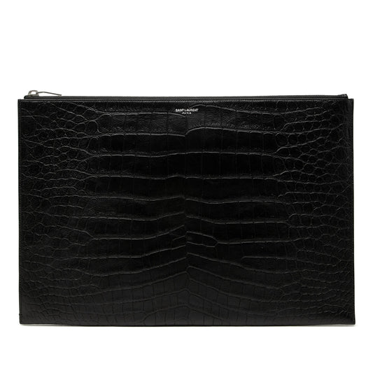 Saint Laurent Croc Embossed Leather Document Holder — Black