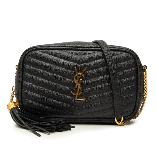 Saint Laurent Mini Grain de Poudre Chevron Monogram Lou Camera Bag — Black