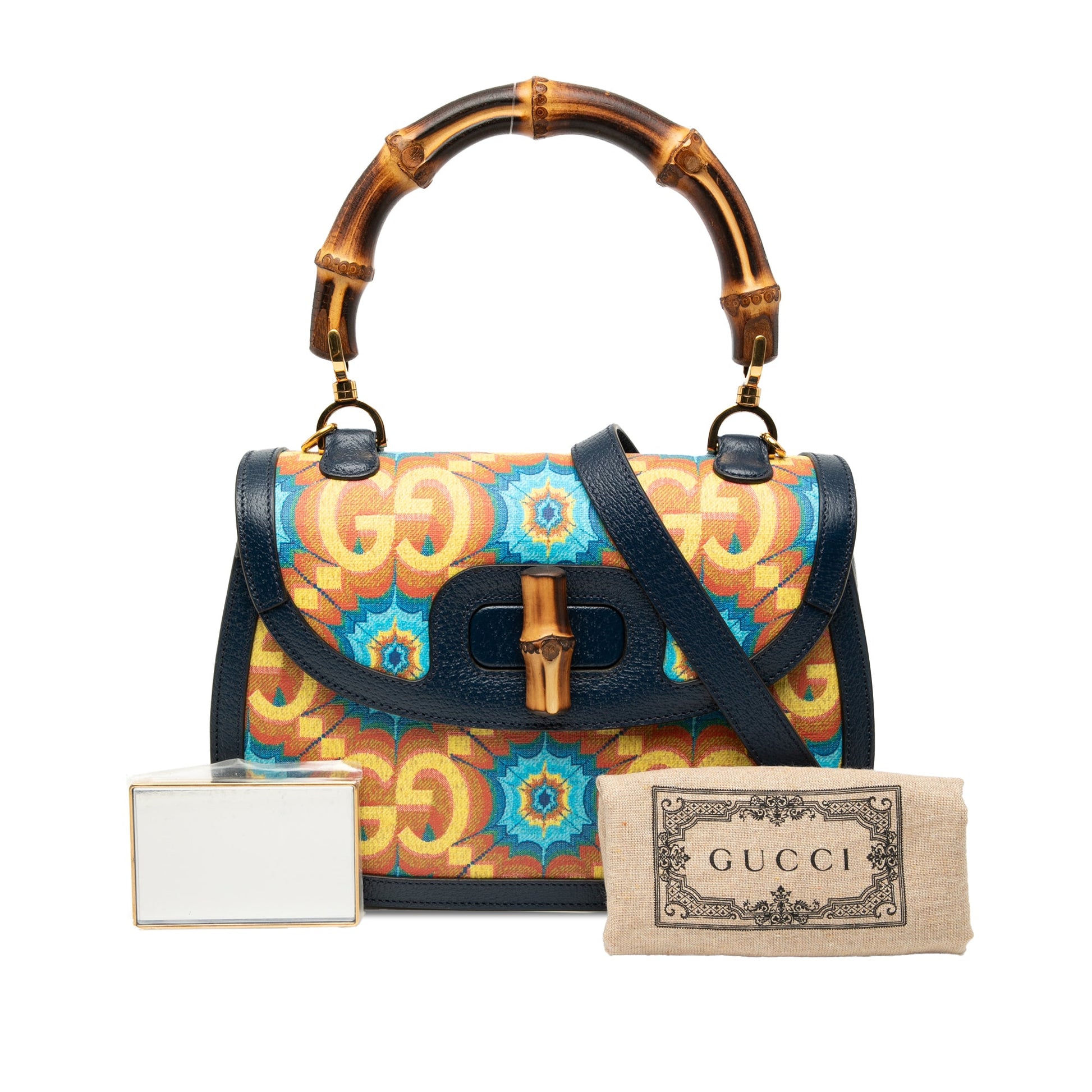 Gucci 100th Anniversary Medium GG Coated Canvas Kaleidoscope 1947 Bamboo Top Handle Bag