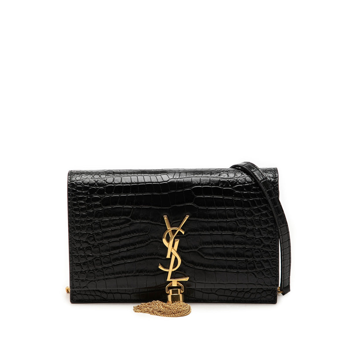Saint Laurent Small Croc Embossed Leather Monogram Kate Tassel Crossbody