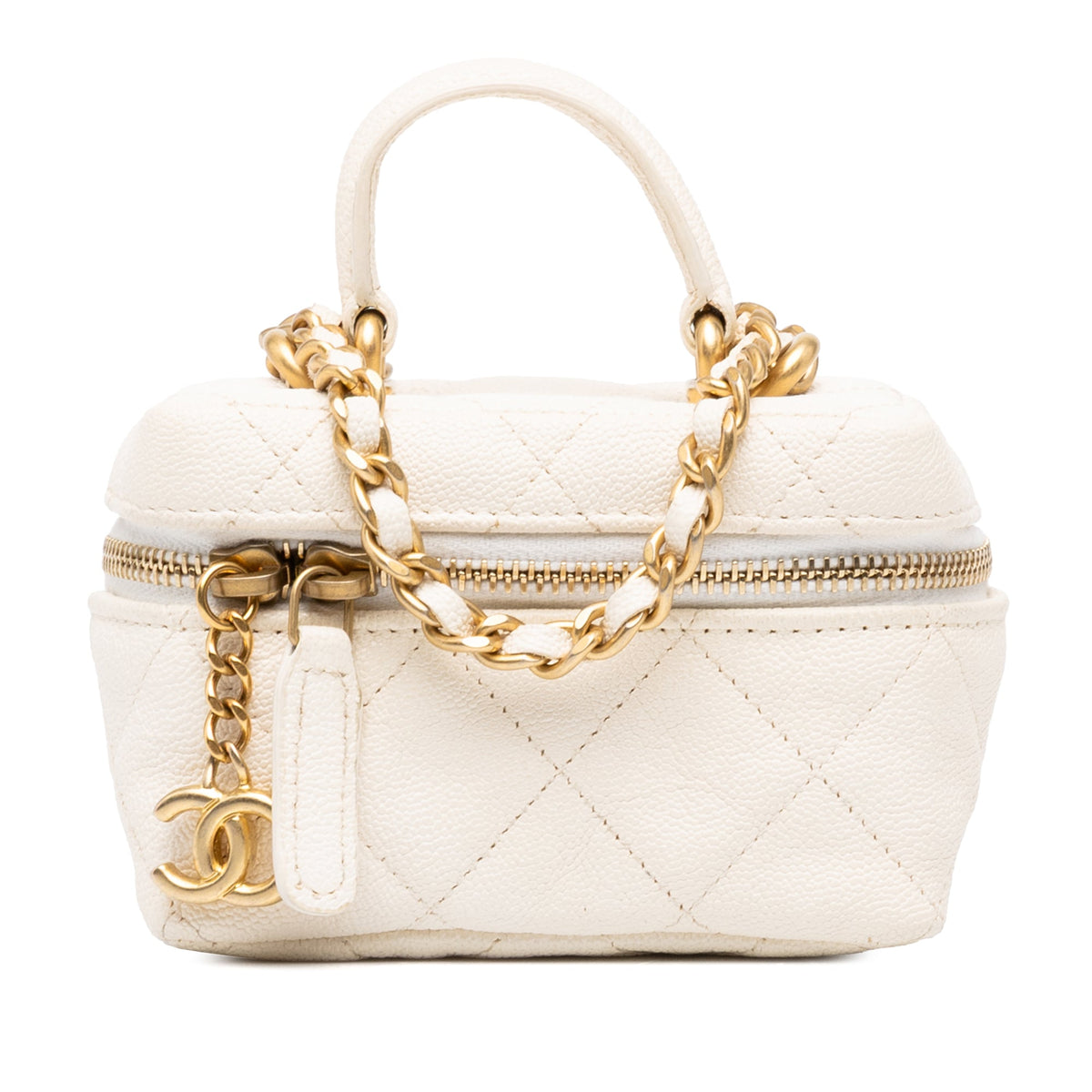 Chanel Mini CC Quilted Caviar Chain Zip Around Vanity Case — White