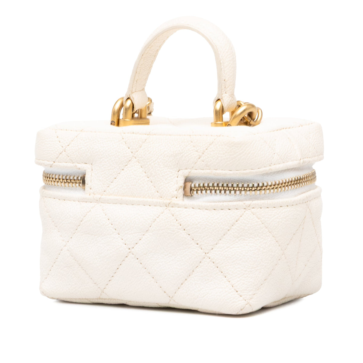 Chanel Mini CC Quilted Caviar Chain Zip Around Vanity Case — White