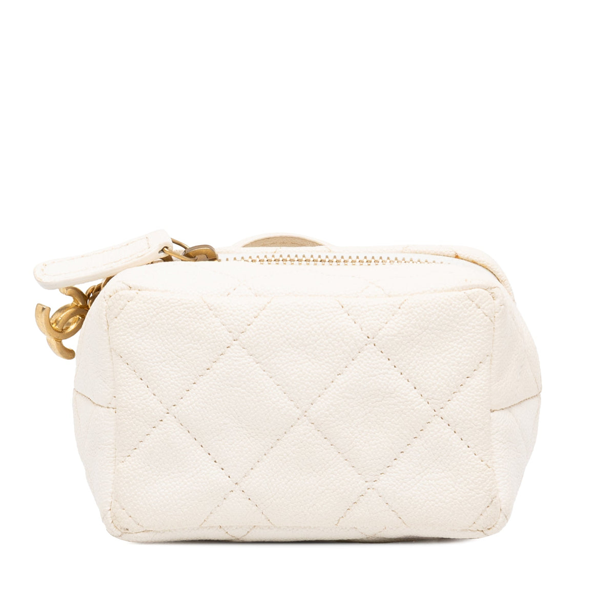 Chanel Mini CC Quilted Caviar Chain Zip Around Vanity Case — White