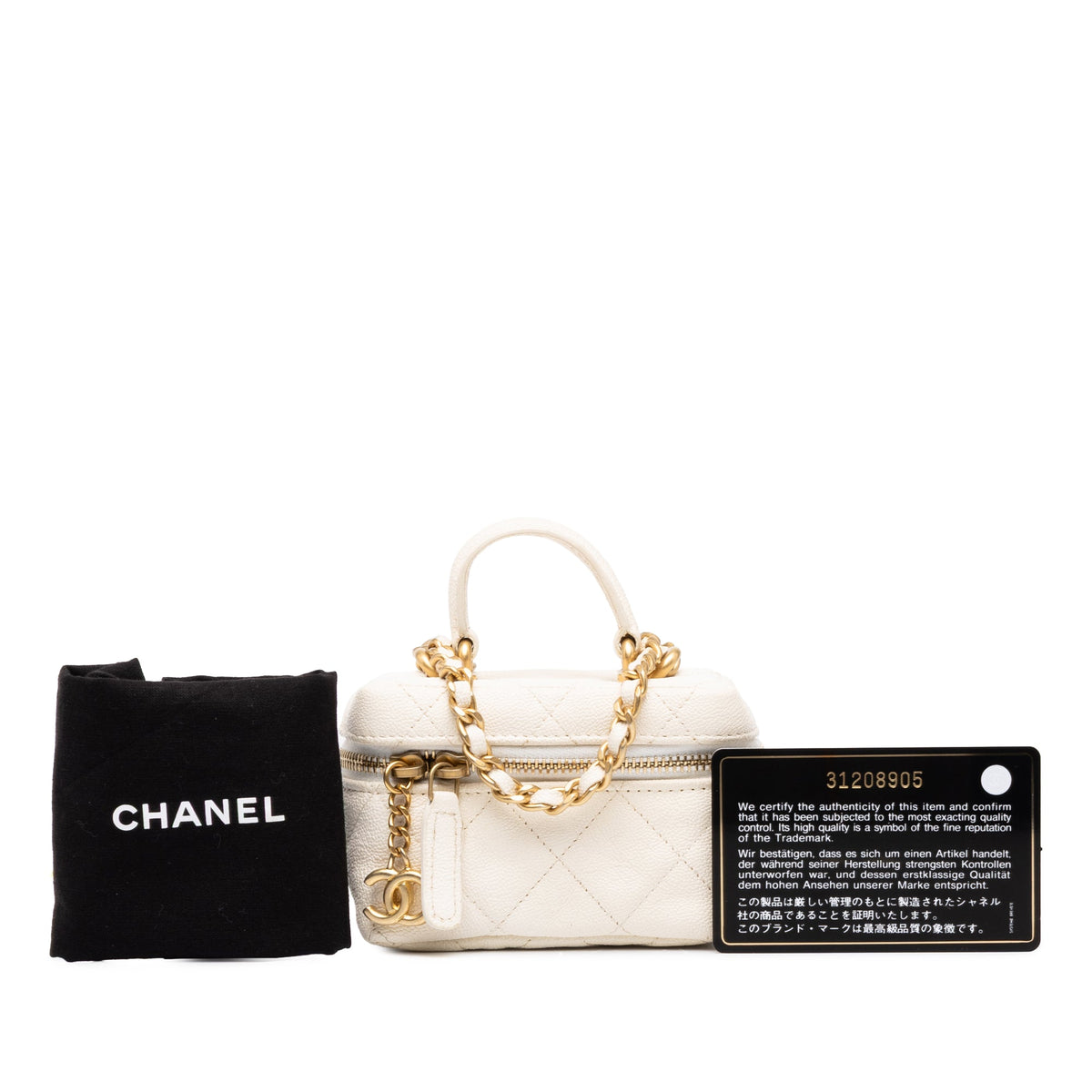 Chanel Mini CC Quilted Caviar Chain Zip Around Vanity Case — White