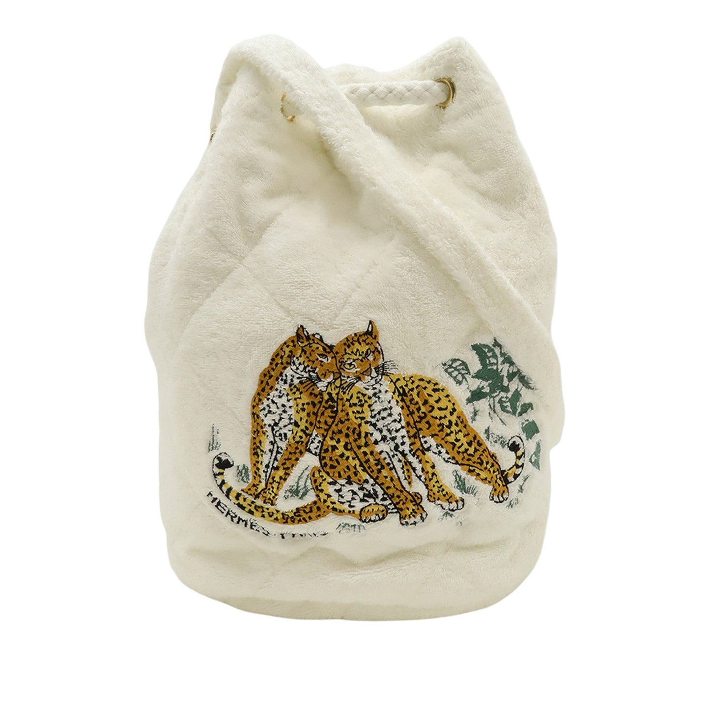 Hermès Leopard Embroidered Cotton Drawstring Bucket Bag