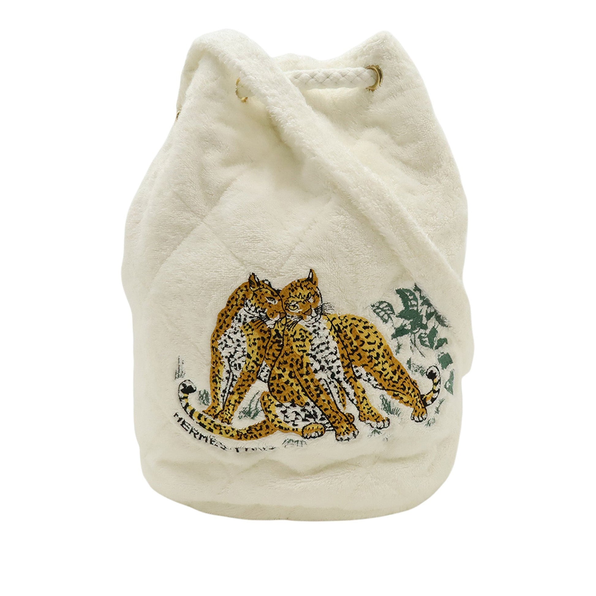 Hermès Leopard Embroidered Cotton Drawstring Bucket Bag