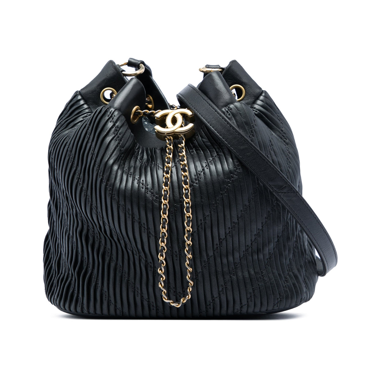 Chanel Medium Crumpled Calfskin Coco Pleats Drawstring Bucket Bag