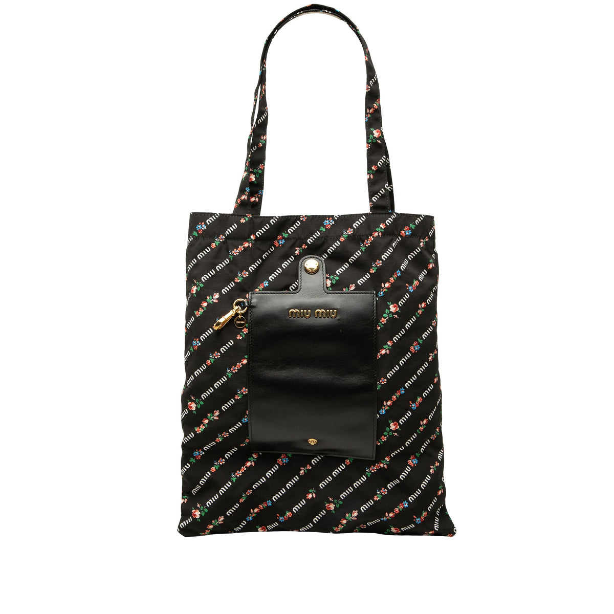 Miu Miu Floral Printed Nylon Faille Foldable Tote — Black