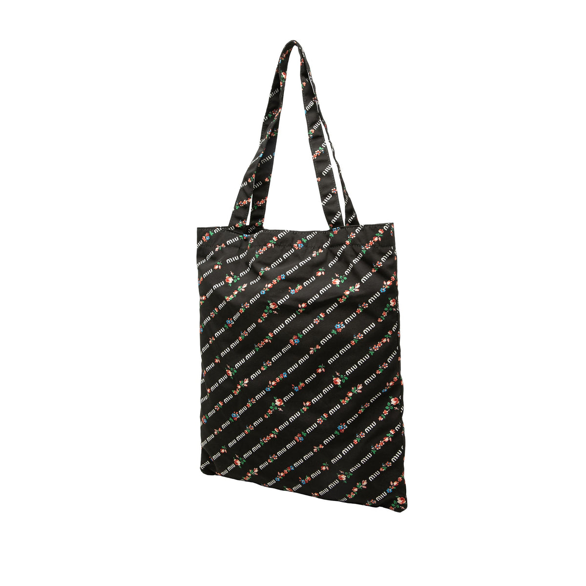 Miu Miu Floral Printed Nylon Faille Foldable Tote — Black