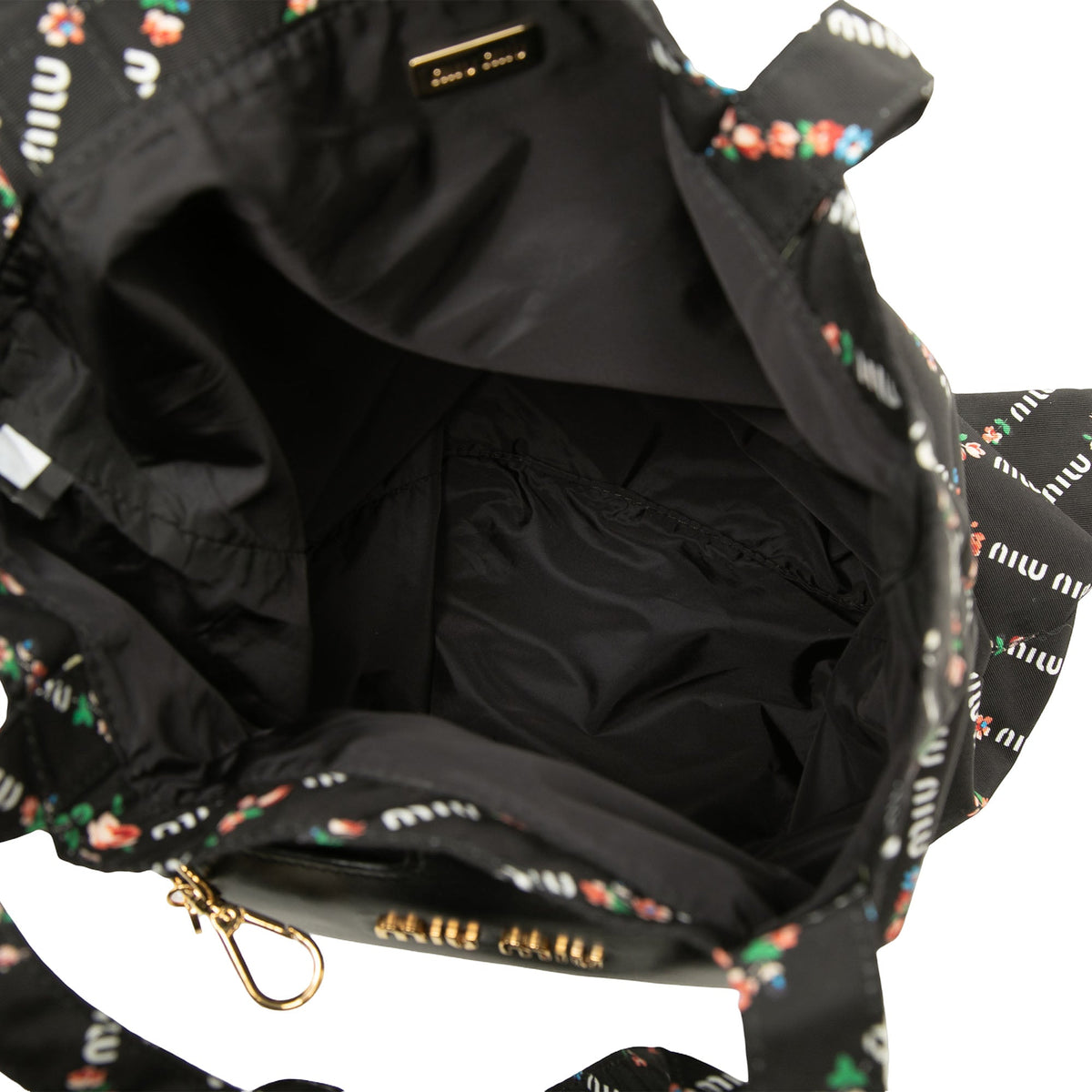 Miu Miu Floral Printed Nylon Faille Foldable Tote — Black