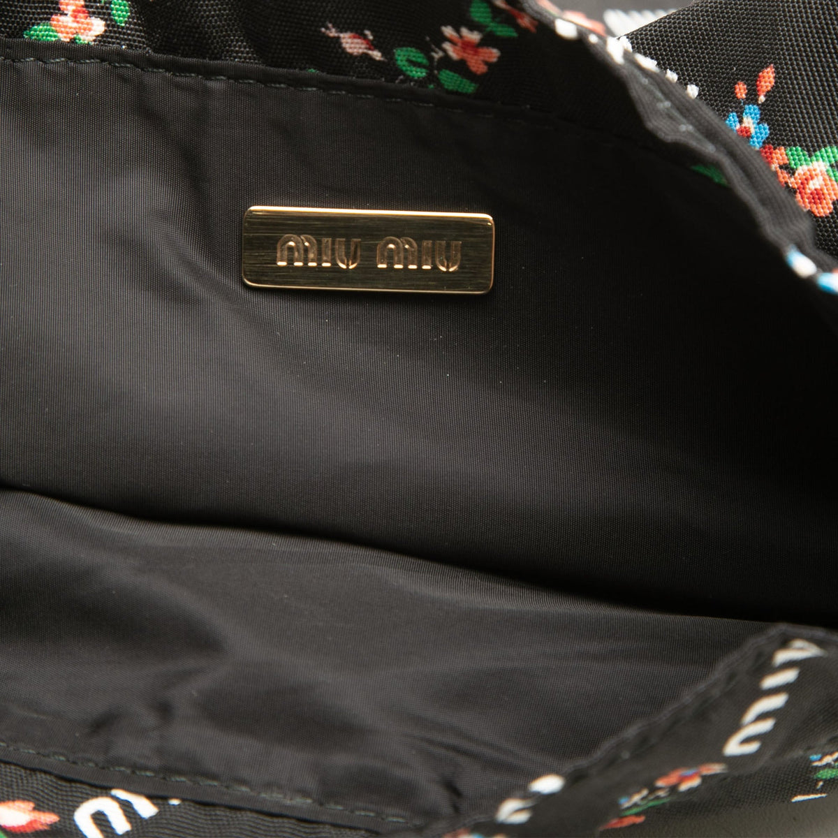 Miu Miu Floral Printed Nylon Faille Foldable Tote — Black