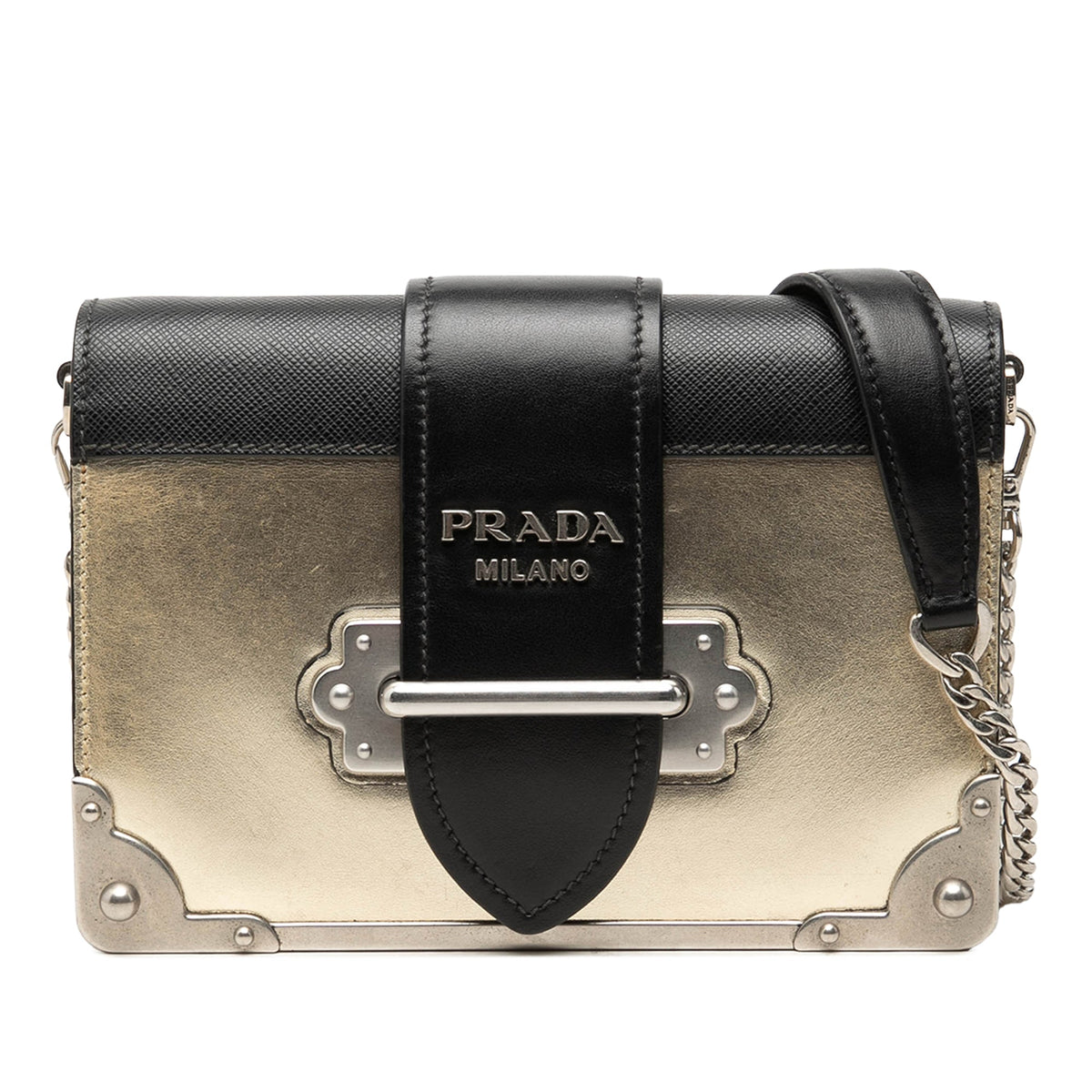 Prada Saffiano Trimmed Metallic Vitello Cahier Bag — Gold