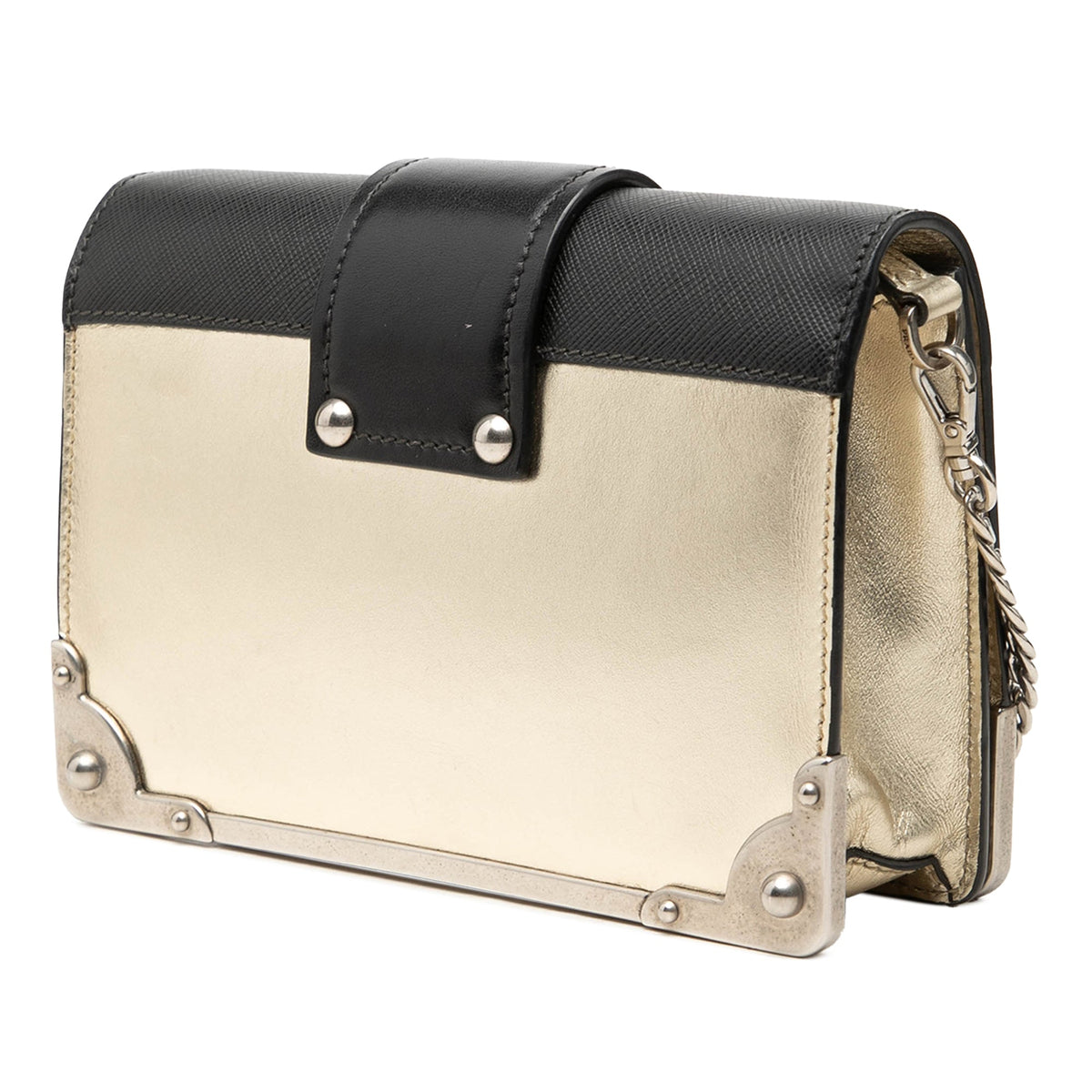 Prada Saffiano Trimmed Metallic Vitello Cahier Bag — Gold