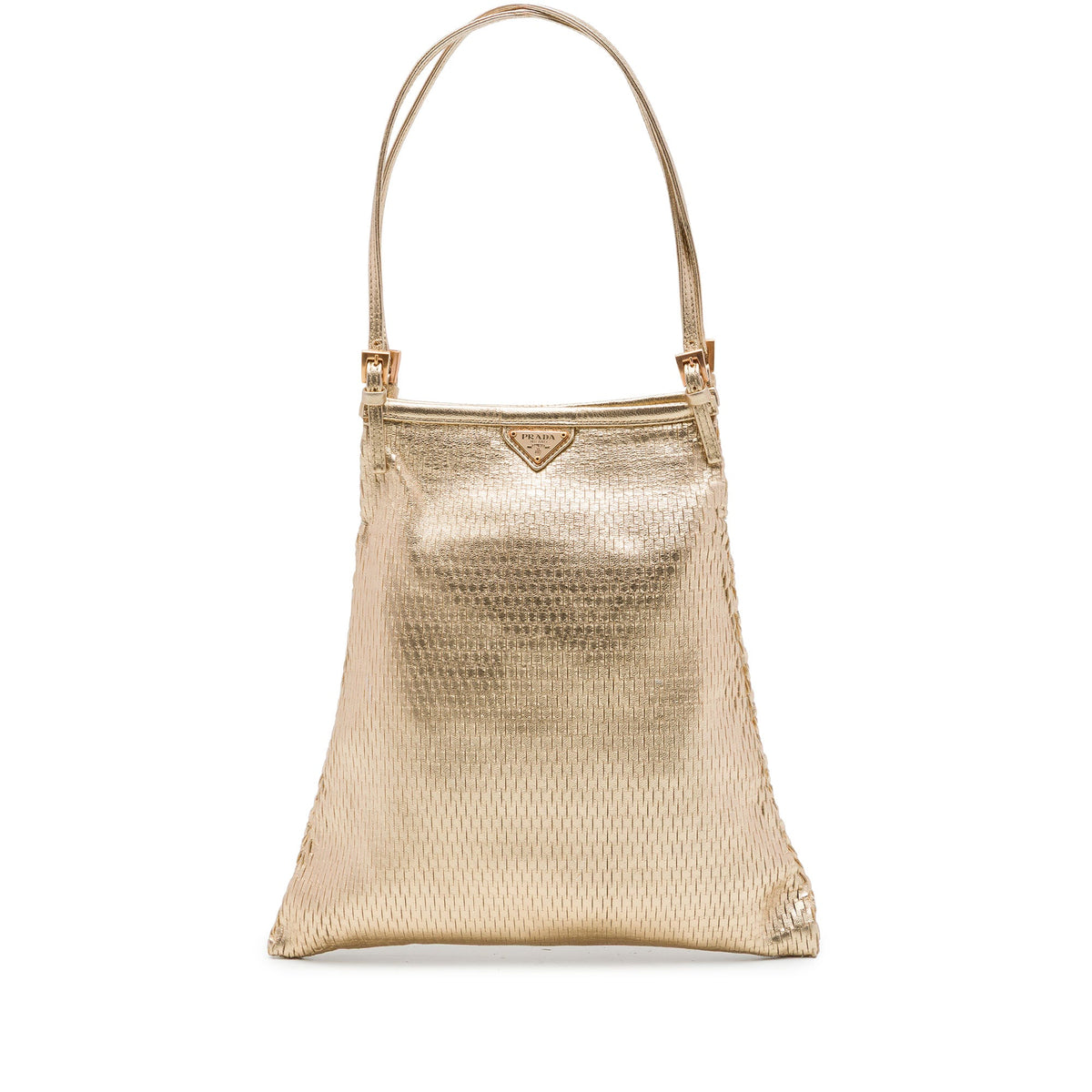 Prada Metallic Calfskin Woven Slit Patterned Handbag — Gold